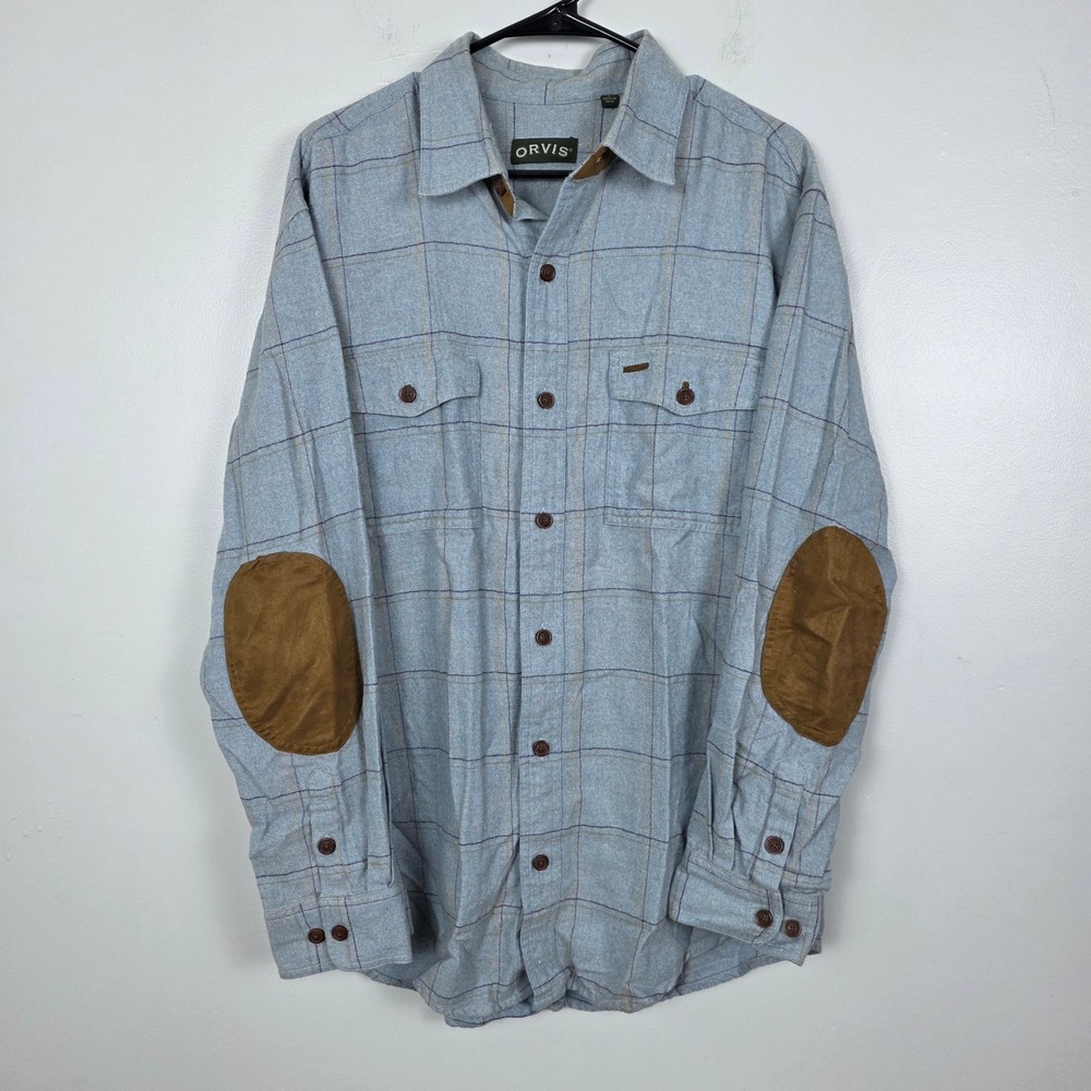 Orvis Mens L Blue Plaid 100% Cotton Long Sleeve Button Up Flannel Shirt